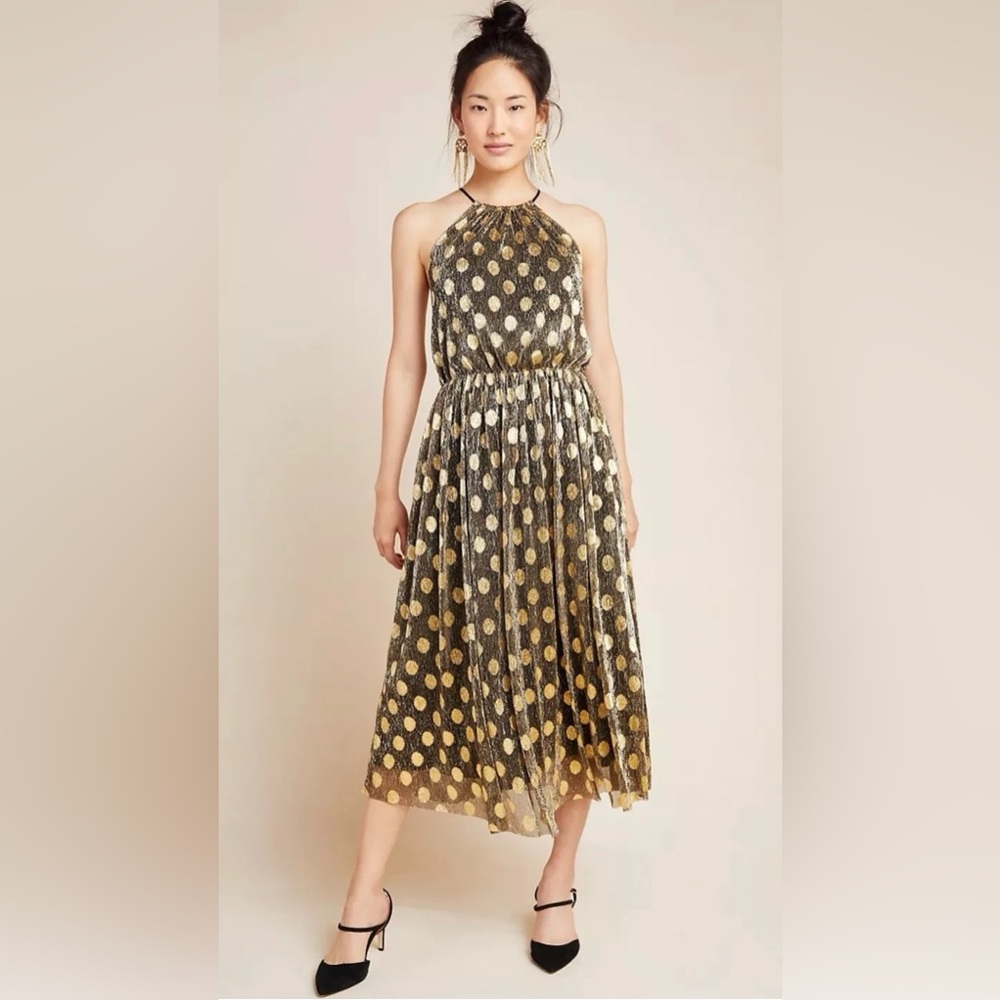 Anthropologie Sunday In Brooklyn Confetti Halter Dress Golden Metallic Sz LP